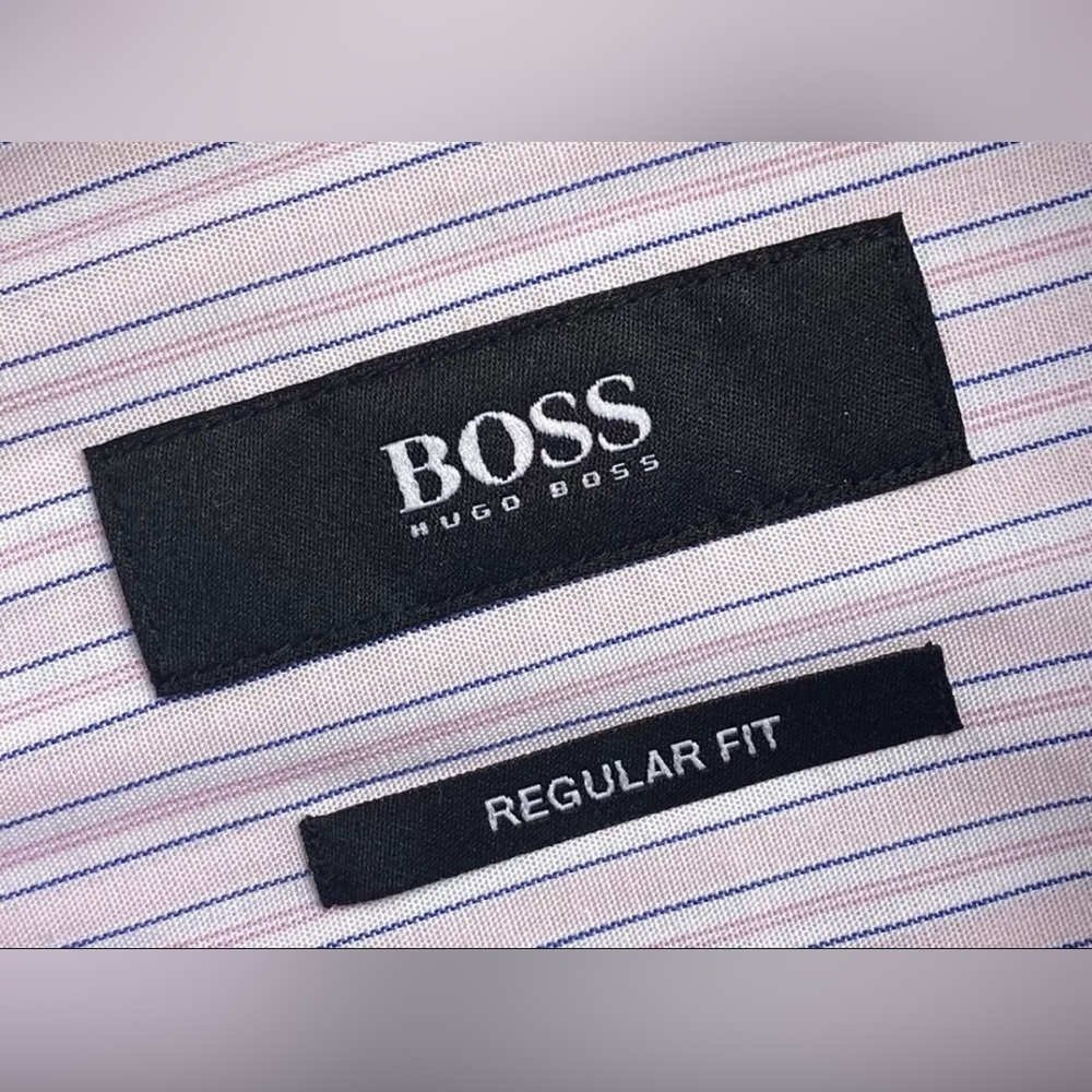 NEW 17 32/33 HUGO BOSS SHIRT DRESS BLACK LABEL PALE PINK WHITE NAVY BLUE…